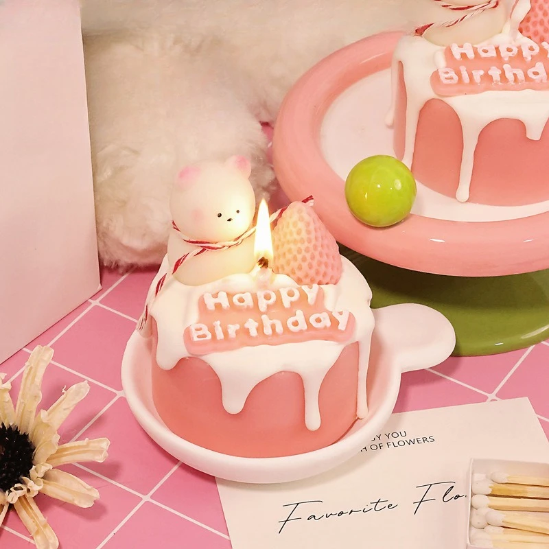 

Pink Strawberry Bear Handmade Scented Candle Birthday Cute Aesthetic Aromatherapy Candle Home Decor Party Favor Valentine Gift