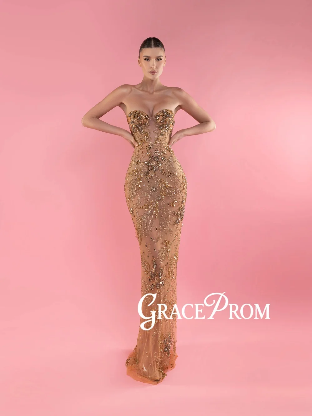 

Golden Beaded Illusion Evening Dress Sweetheart Neck Elegant Wedding Party Gown Customized Opulent Straight Red Carpet Gowns