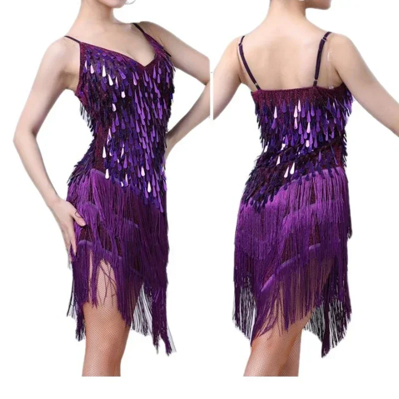 

Women Shiny Sequins Latin Dance Dress Sparkly Tassel Party Dancewear Stage Costume Ballroom Salsa Samba Rumba Jazz Tango Outfit