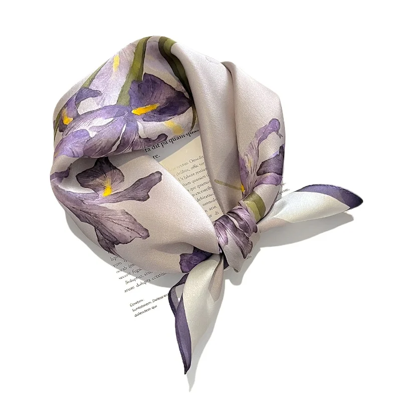 1 Stuks 70Cm Hibiscus Bloemenpatroon Zijden Sjaal Voor Vrouwen Gesimuleerde Zijden Paarse Bloemensjaals Veelzijdige Decoratieve Vierkante Sjaal
