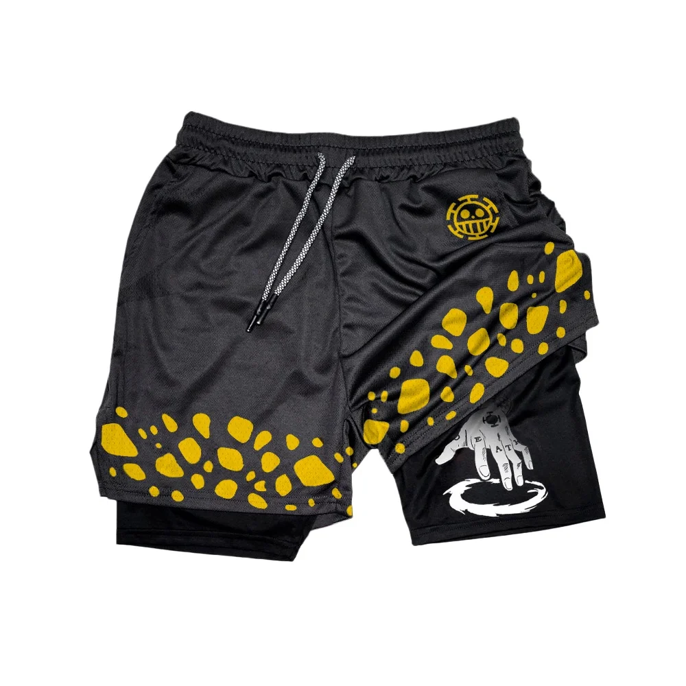 

New One Piece Character Symbols Anime Print Double Layer Fake Two Piece Gym Workout Shorts Summer Quick-dry Comfy Lightweight