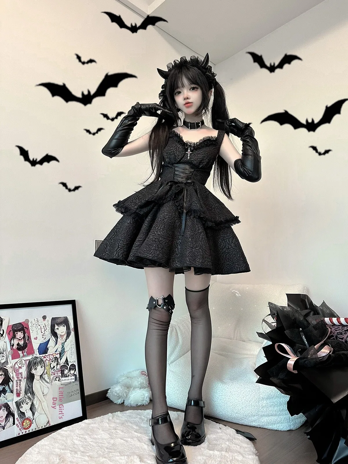 

Комплект платья в готическом стиле: темное платье, образ дерзкой девушки, субкультурный стиль Rose Earl, Milk Bear And Milk, женское платье H-силуэта