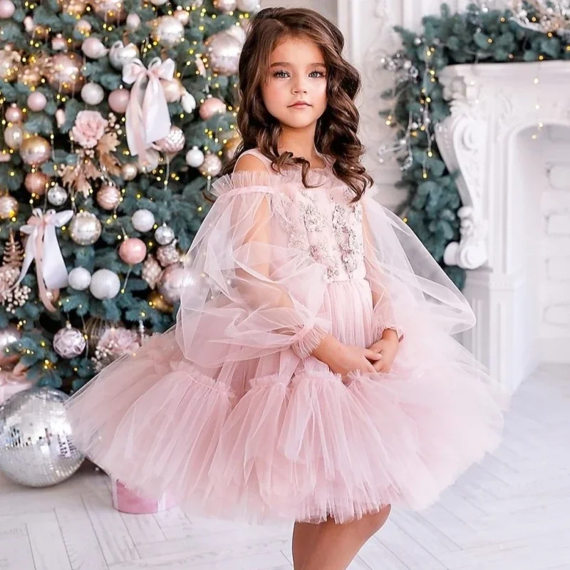 

Pink Tulle Flower Girl Dress Round Neck Puff Long Sleeve Prom Pageant Little Child First Communion Princess Birthday Party Wear