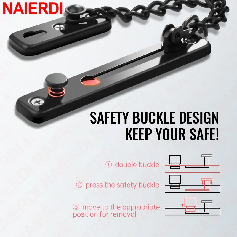 NAIERDI Security Door Sliding Chain Lock Safety Punch Free Stainless Steel Door Chain Lock Anti-theft Door Chain Latch Buckle