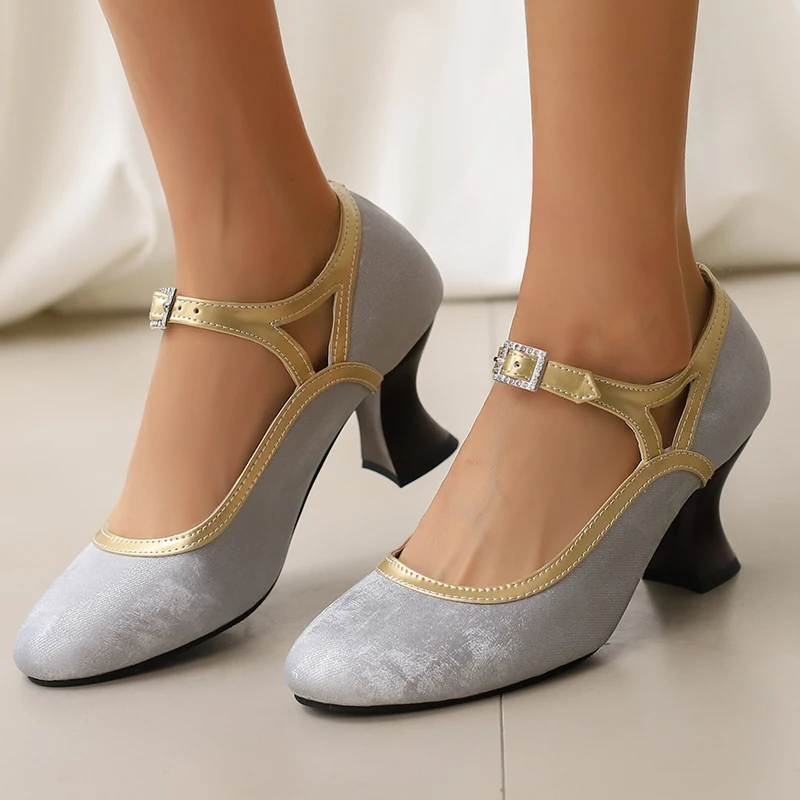 

Женские туфли Мэри Джейн на низком каблуке, 2025, большой размер 48, элегантный ремешок, зеленый, розовый, серый, черный, свадебные офисные туфли на каблуке, женские туфли