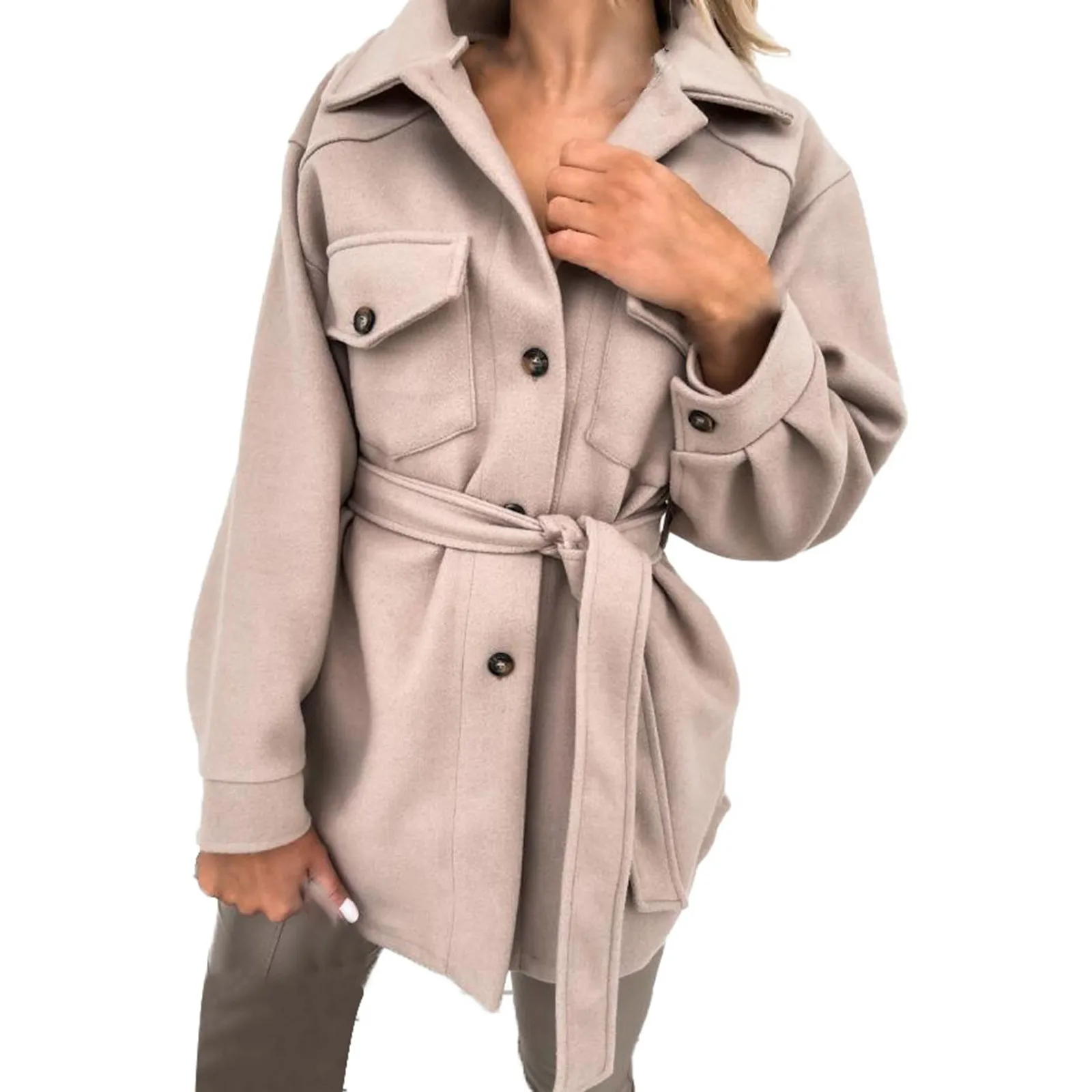 Dames effen kleur trenchcoat met revers, vrijetijdsjack en tailleriem, wollen overjas, warme wollen winterjassen voor dames