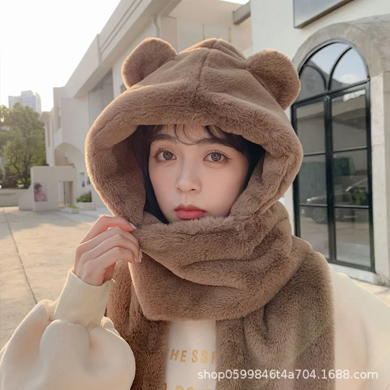 Lovely Winter Warm Thicked Bear Ears Hat Plush Scarf Gloves Caps Cycling Warmth Accessories Casual Simple Women Hats E1794