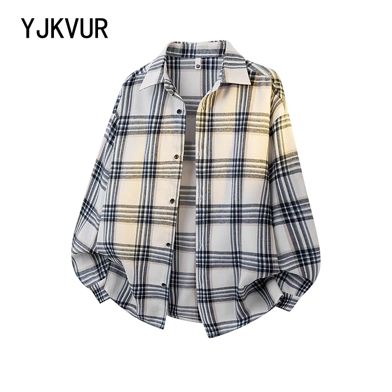 YJKVUR High Standard 2025 Spring New Super Loose Plaid Shirts Men Fashion Washed Vintage Fabric Long Sleeve Casual Check Shirts