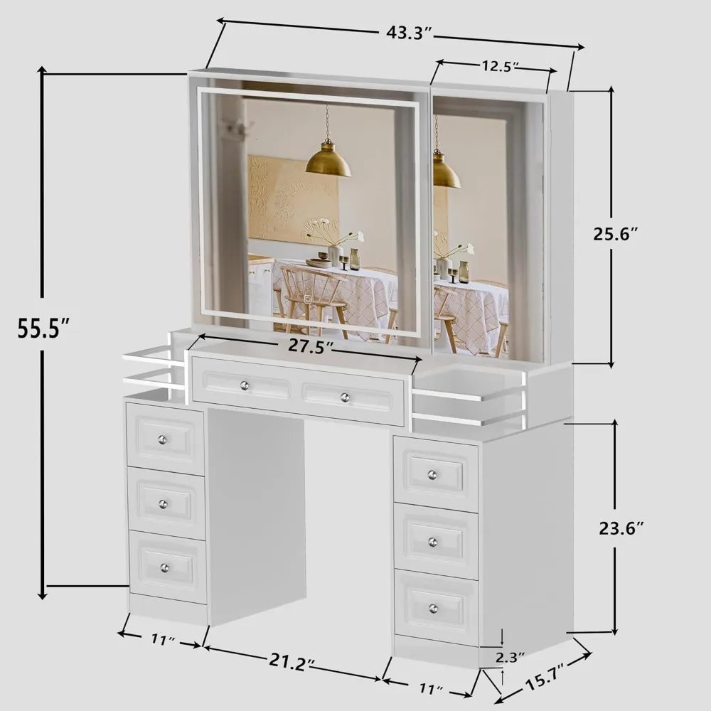 Туалетный столик с зеркалом с подсветкой и зарядной станцией, полкой и ящиками, столик для макияжа с регулируемой яркостью, для спальни, белый