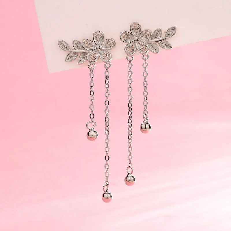Fashion Korea Cute Peach Blossom Tassel Earrings Women Everyday Accessories Party Leaf Earrings 925 Sterling Silver Jewelry Gift