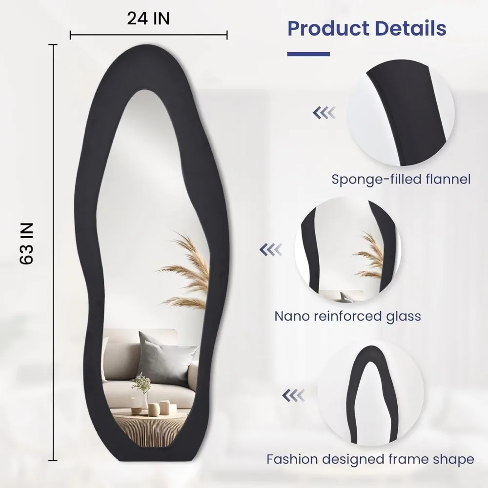 Wall Mounted Full Body Mirror 63x24 Inches, Leaning Floor Mirror with Black Flannel Frame, Irregular Shaped for Home Decor