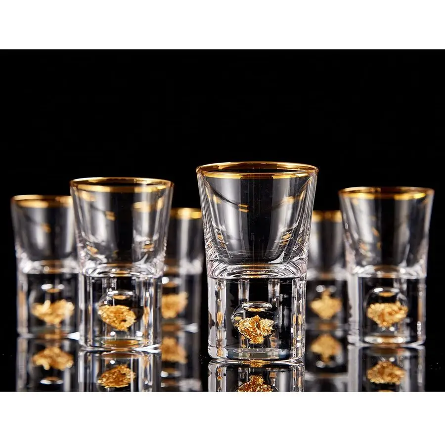 Vasos de chupito de 1,5 oz, juego de vasos de chupito de cristal decorados con escamas de hojas de oro de 24 quilates, lindos vasos de chupito con amplificador fresco, sin plomo, P