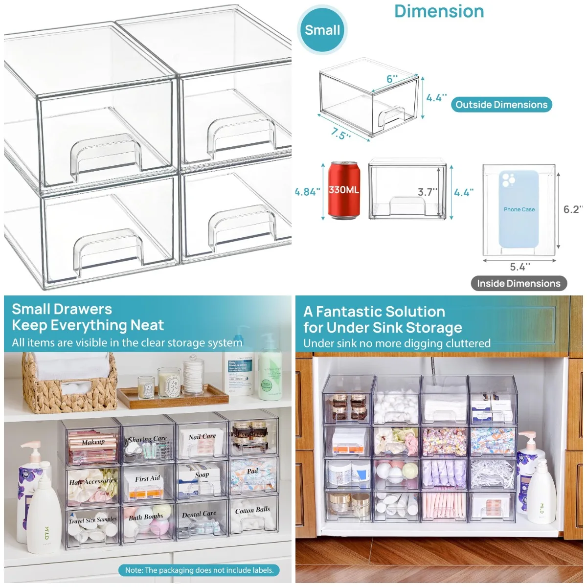 

4 Pack Clear Stackable Storage Drawers, Acrylic Bathroom Makeup Organizer, Plastic Bins for Vanity, Kitchen, Pantry