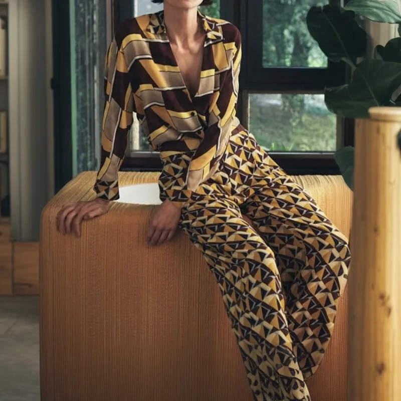 

KWTX Women’s Satin Gold Two Piece Set 2025 Notched Collar Blouse & Printed Pants Spring Summer Designer Casual Chic Outfit