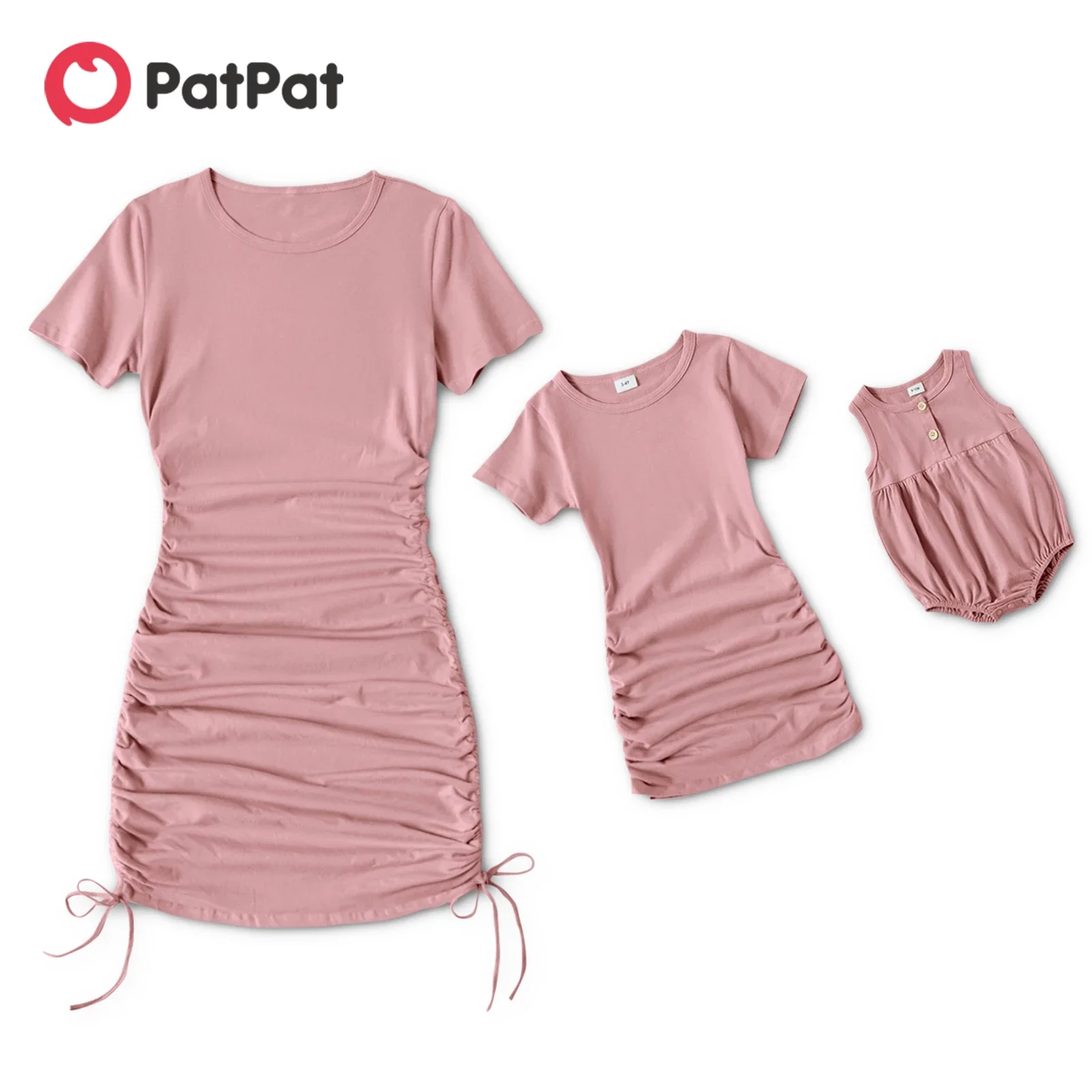 

PatPat Mother Daughter Dresses Family Matching Clothes Solid Drawstring Design Cotton Short Sleeve Mini Dresses for Mommy and Me