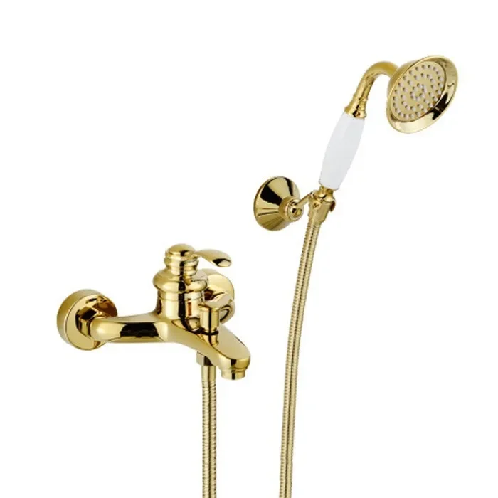Brass wall-mounted rose, gold simple bathtub faucet shower, set of white ceramic hand spray, shower triple faucet