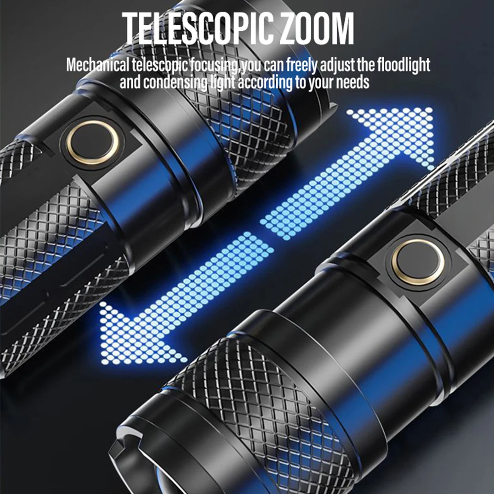 Lanterna LED poderosa Camping Torch, ABS, Material Plástico, Zoom Telescópico com Cauda, Projector COB, Múltiplos Modos de Iluminação