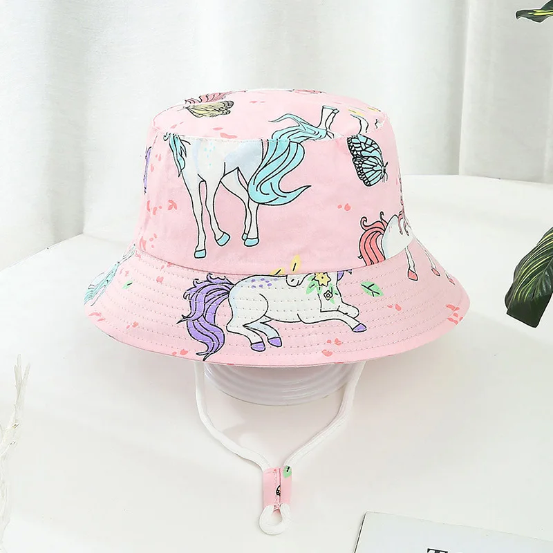 Cartoon Printing Baby Bucket Hat Cotton Breathable Kids Fisherman Hat Infant Toddle Sun Hat With Drawstring