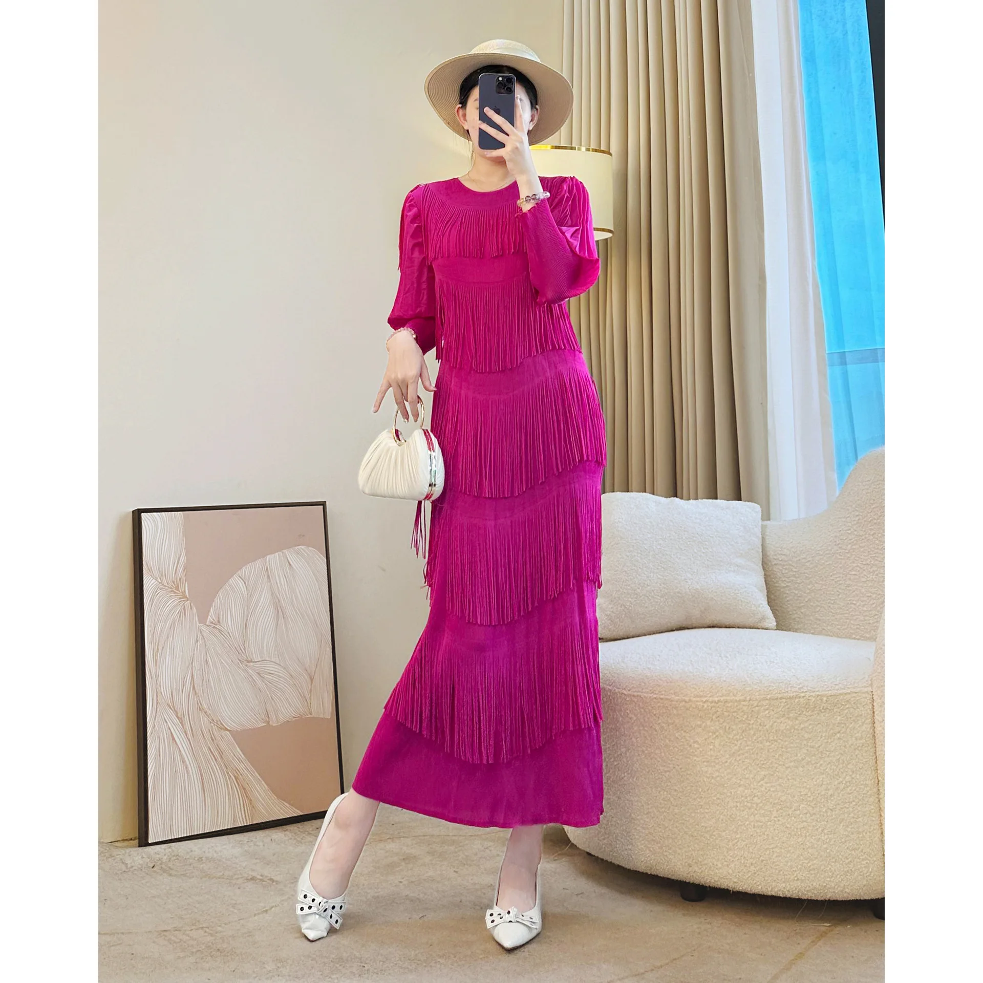 Miyake drapeado vestido plissado feminino outono moda multi camada borlas manga longa puff alta estiramento solto robe roupas de festa