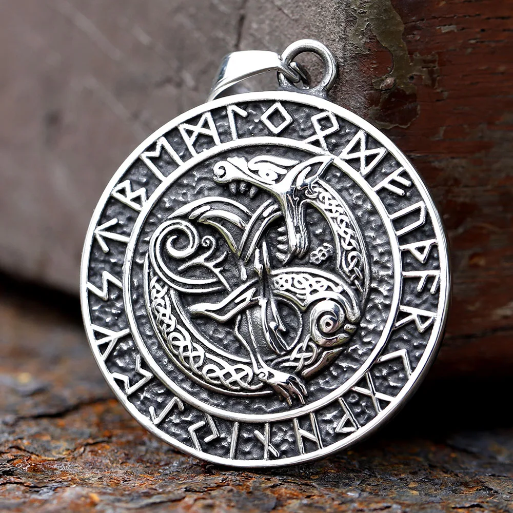 2024 New Style Stainless Steel Viking Double Wolf Pendant Viking Runes Amulet The Helm Of Awe Jewelry For Men Wholesale