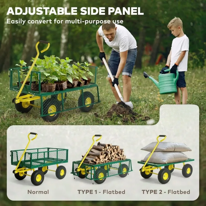 Metalen zwarte tuinwagen, met 180 °   Verstelbare gele handgreep, met mat en riem, robuuste capaciteit van 880 lbs, met 10” plat-fre