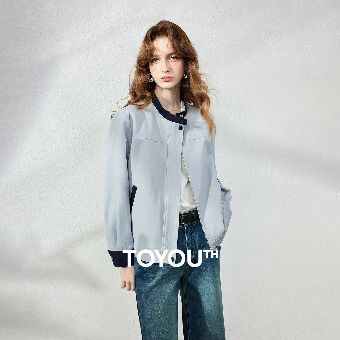 TOYOUTH Women's Jacket 2026 Autumn New Workwear Style Commuter Casual Stand Collar Color Block Splicing Outerwear