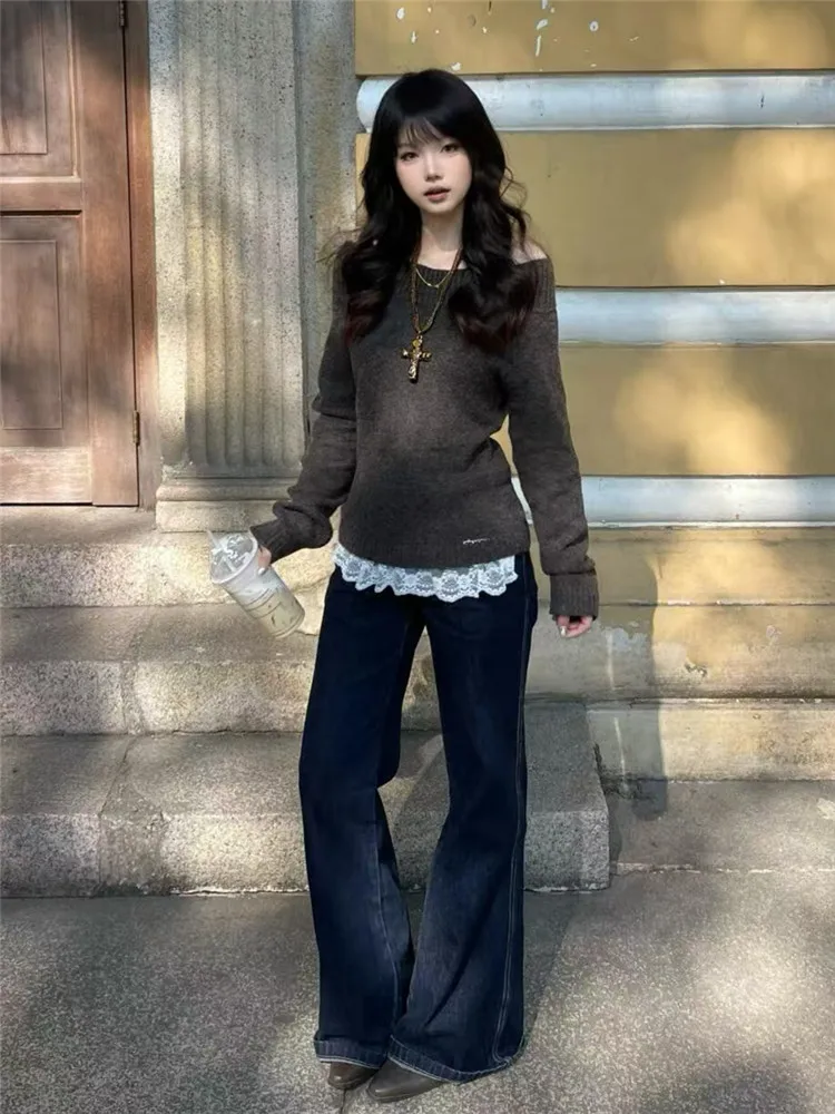 

American Style Low Waist Deep Blue Bell Bottom Jeans Women's Spring Autumn Loose Drapey Tall Extended Leg Pants