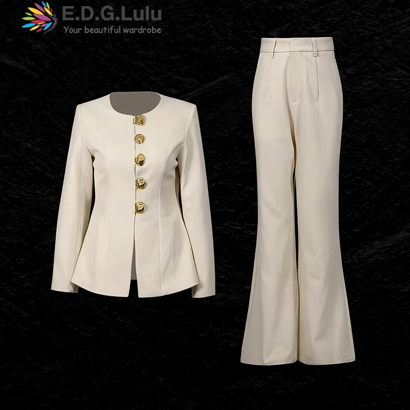 EDGLuLu 2025 New O Neck Single Row Metal Buckle Short Top+High Waisted Flared Pants White Two Piece Set 1119