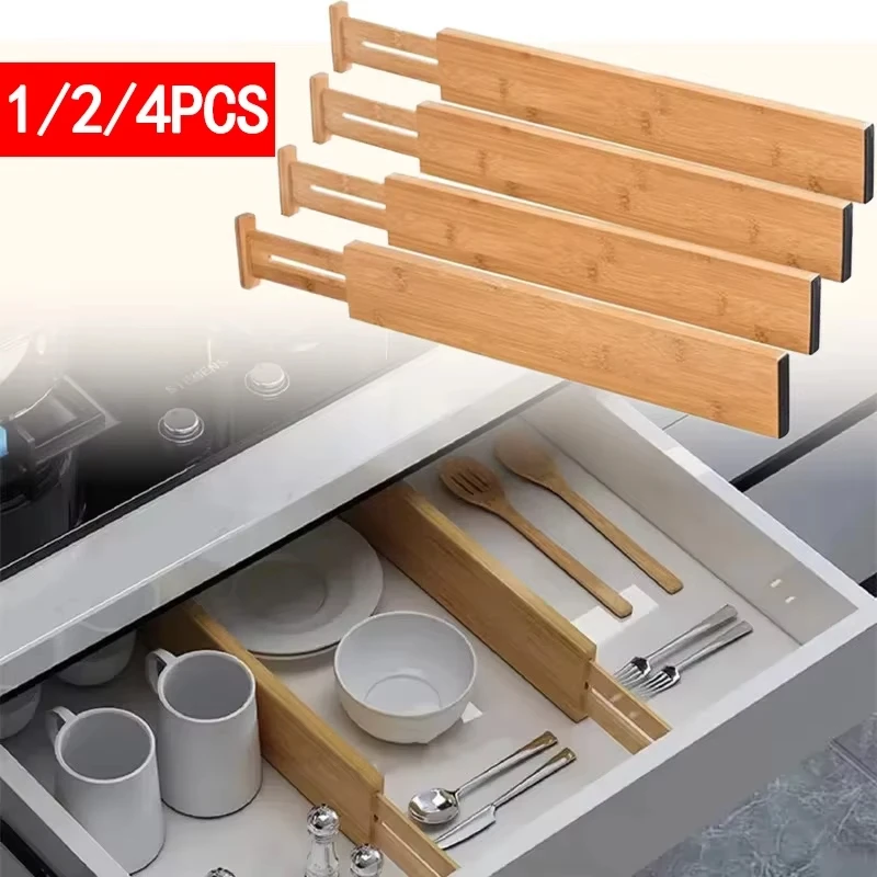 2/4Pcs Bamboo Drawer Dividers Organizers Adjustable Expandable Loaded Drawer Separators for Kitchen Bedroom Dresser Organizer