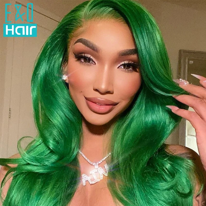 Wig rambut manusia depan renda transparan 13x4 gelombang tubuh alami berwarna hijau cerah Wig Frontal Remy Brasil untuk wanita warna hitam