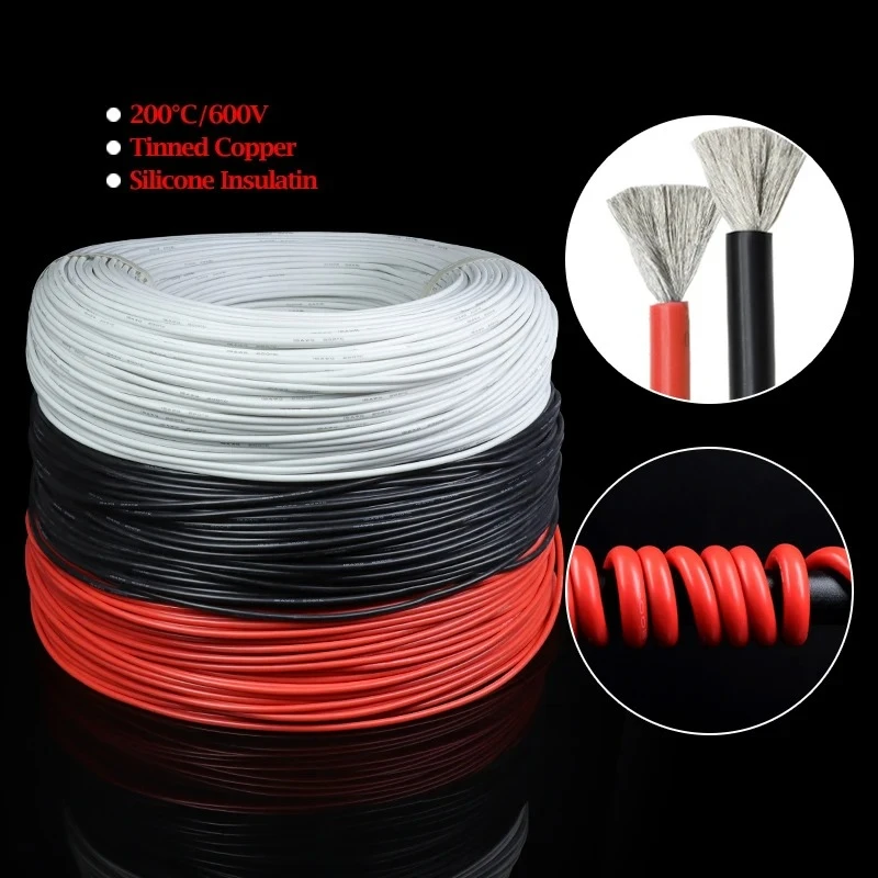 Cable resistente al calor  1 ~ 50m, rojo, negro, 30/28/26/24/22/20/18/16AWG, Cable  cobre estañado  goma  silicona, cabl