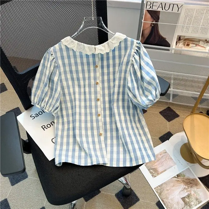 Nice Femme Summer Korean Fashion Plaid Lace O-neck Short Sleeve Tshirt Women Clothing All-match Fashionable Button Young Style T