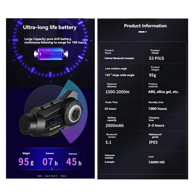 SQPP-S3 Plus دراجة نارية خوذة بلوتوث سماعة رأس لجهاز الاتصال الداخلي 2K مسجل فيديو DVR داش كام يدعم 6 أشخاص