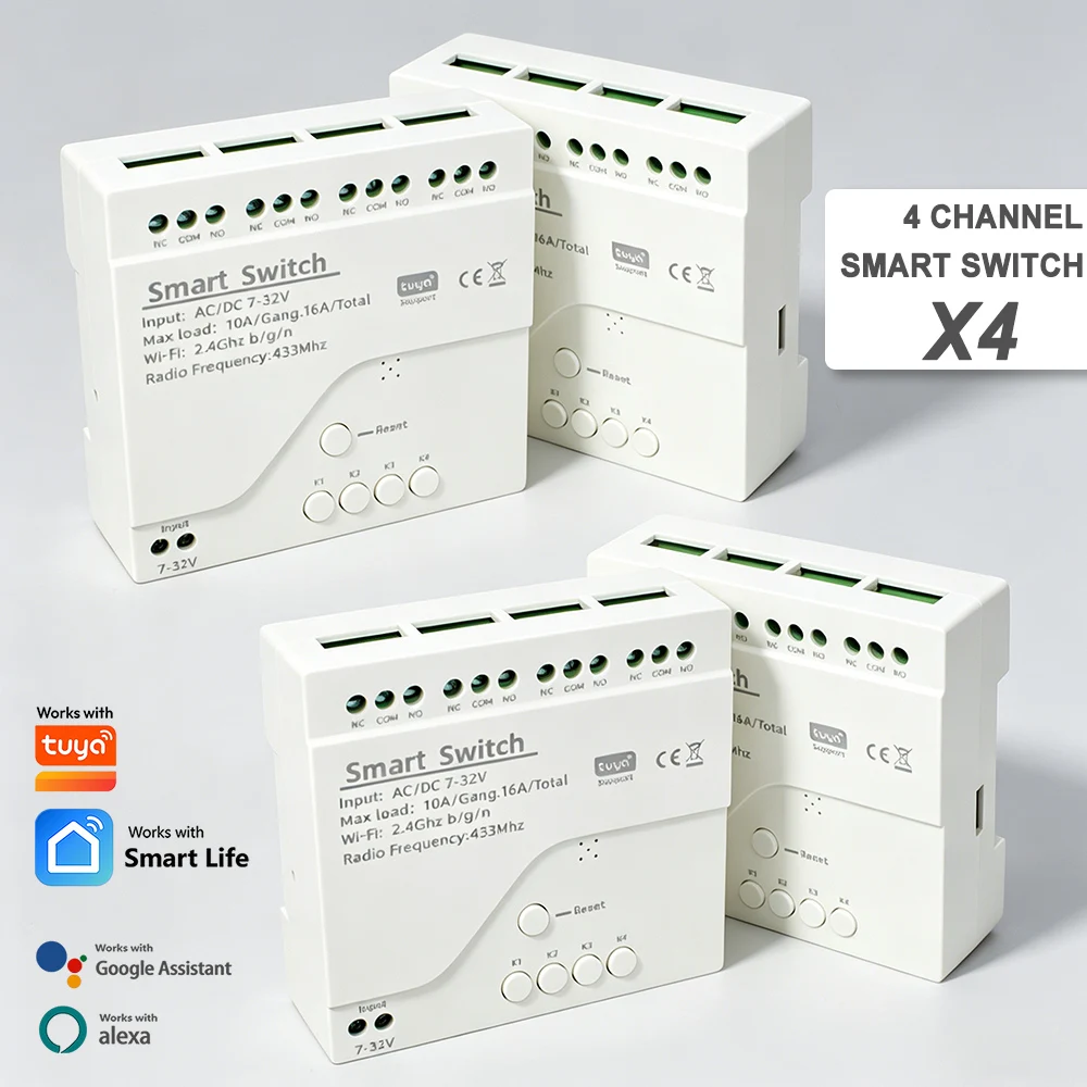 4pcs Quad Channel Relay Module Interlock Switch Inching Mode Timer Dry Contact Output for Motor Lamp Automation Works with Tuya