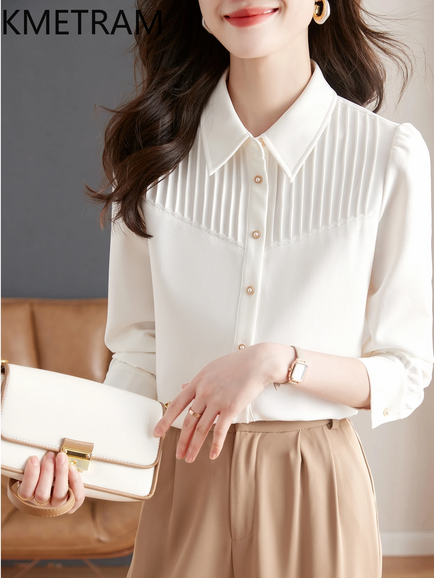 

KMETRAM Natural Mulberry Silk Blouse Woman Fashion Solid Women's Shirts Long Sleeve Tops for Woman Clothing 2025 Casual Tops