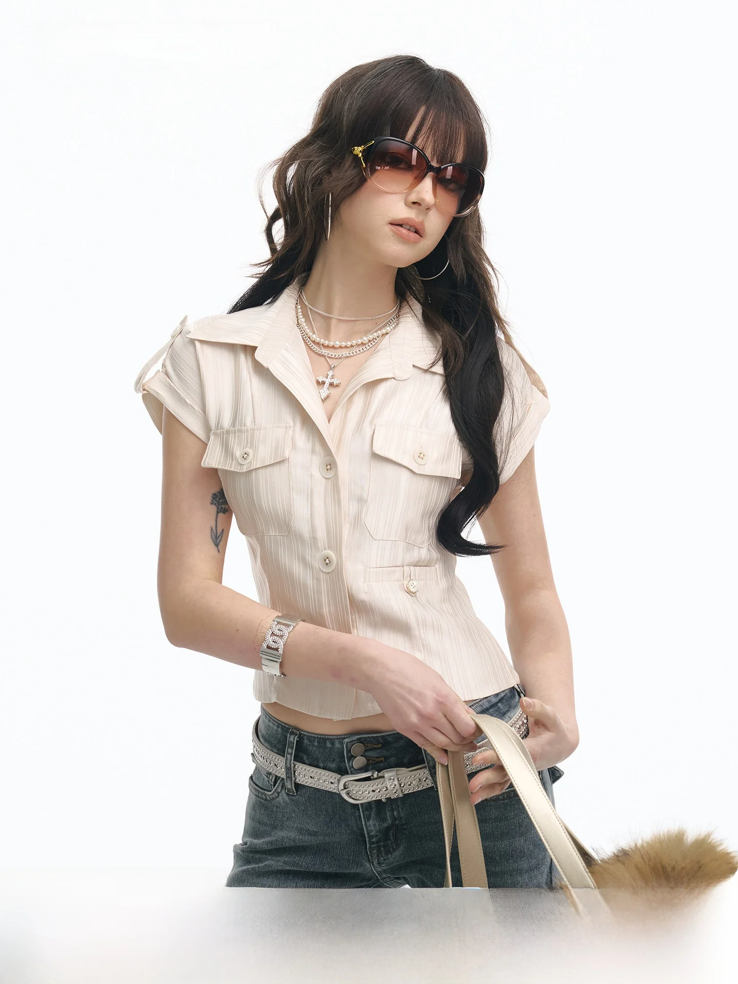 

Женская рубашка SereneEase American Glossy Satin с коротким рукавом, приталенная, с несколькими карманами, летняя, модная, повседневная