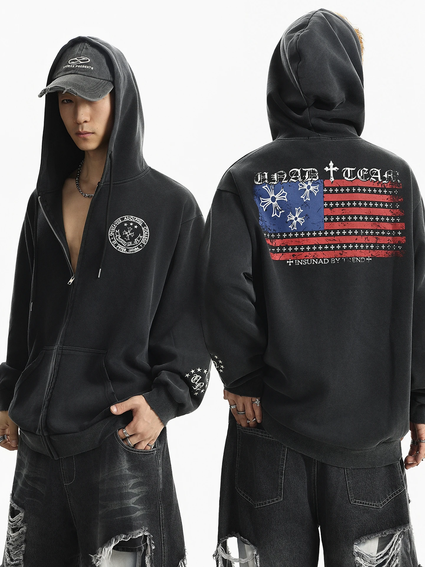 

American Retro Flag Print Hoodie Men's Spring Trendy Loose Zipper Jacket Comfortable Breathable Long Sleeve Casual Streetwear