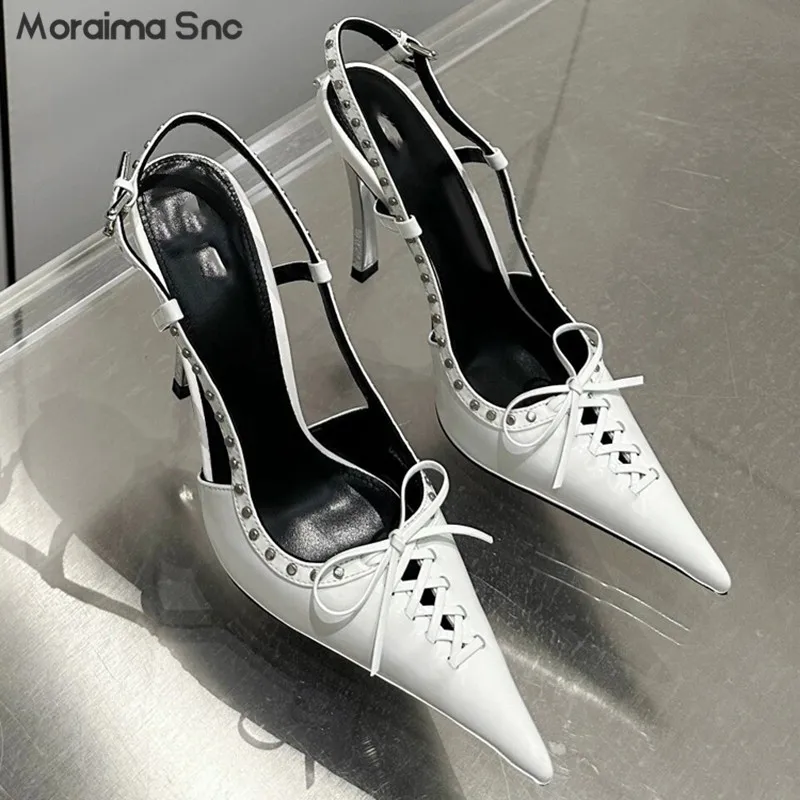 

Rivet Bow Lace-Up Single Shoes Pointed Toe Metal Stiletto Heels Sexy Sandals Black and White Temperament Women's Shoes