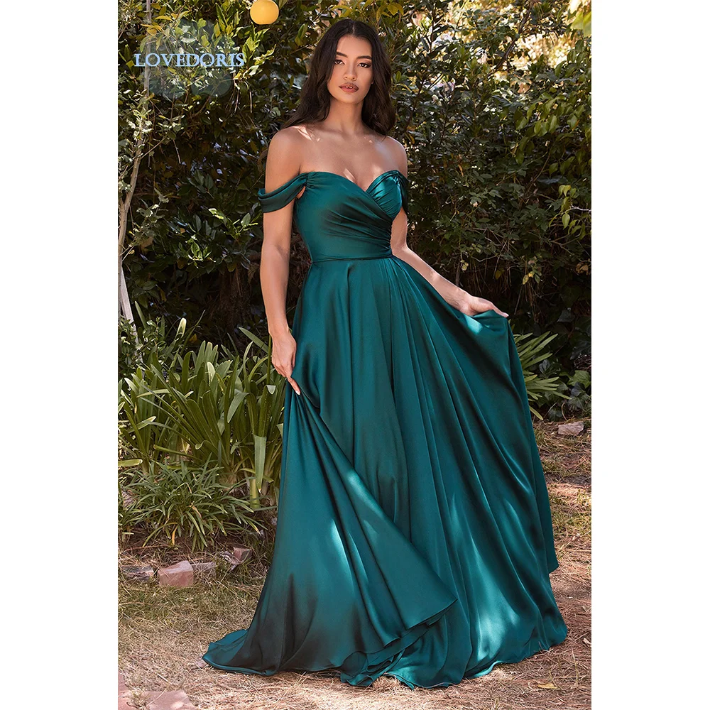 

LoveDoris Bridesmaid Dress Off the Shoulder Satin Slim Fit Wedding Dress A-Line Sweetheart Backless Prom Dress