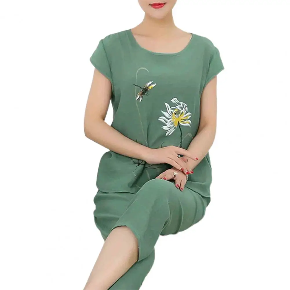 1 Set Simple T-shirt Pants  O Neck Two-piece Pajamas  Round Neck Flower Animal Print T-shirt Pants Set