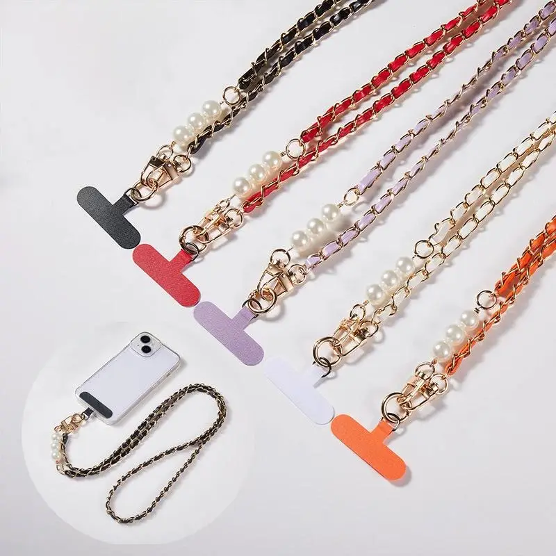 Luxury Universal Mobile Leather Woven Phone Shoulder Chain With Pearl Accessories Phone Lanyard Diagonal Cross Bag Decoration