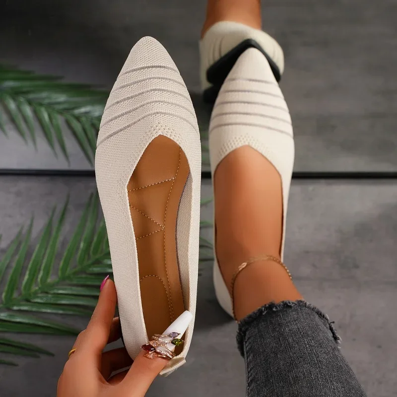 New Women Pointed Toe Flat Shoes Solid Color Knitted Slip on Shoes Casual Breathable Ballet Flats Women Flat Shoes Loafers Women