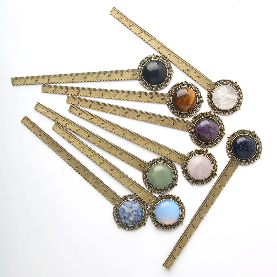Retro Ruler Metal Bookmark With Natural Crystal Stones Tiger Eye Rose Quartz Bookmarks Gemstone Inlaided Alloy Page Marker Tool