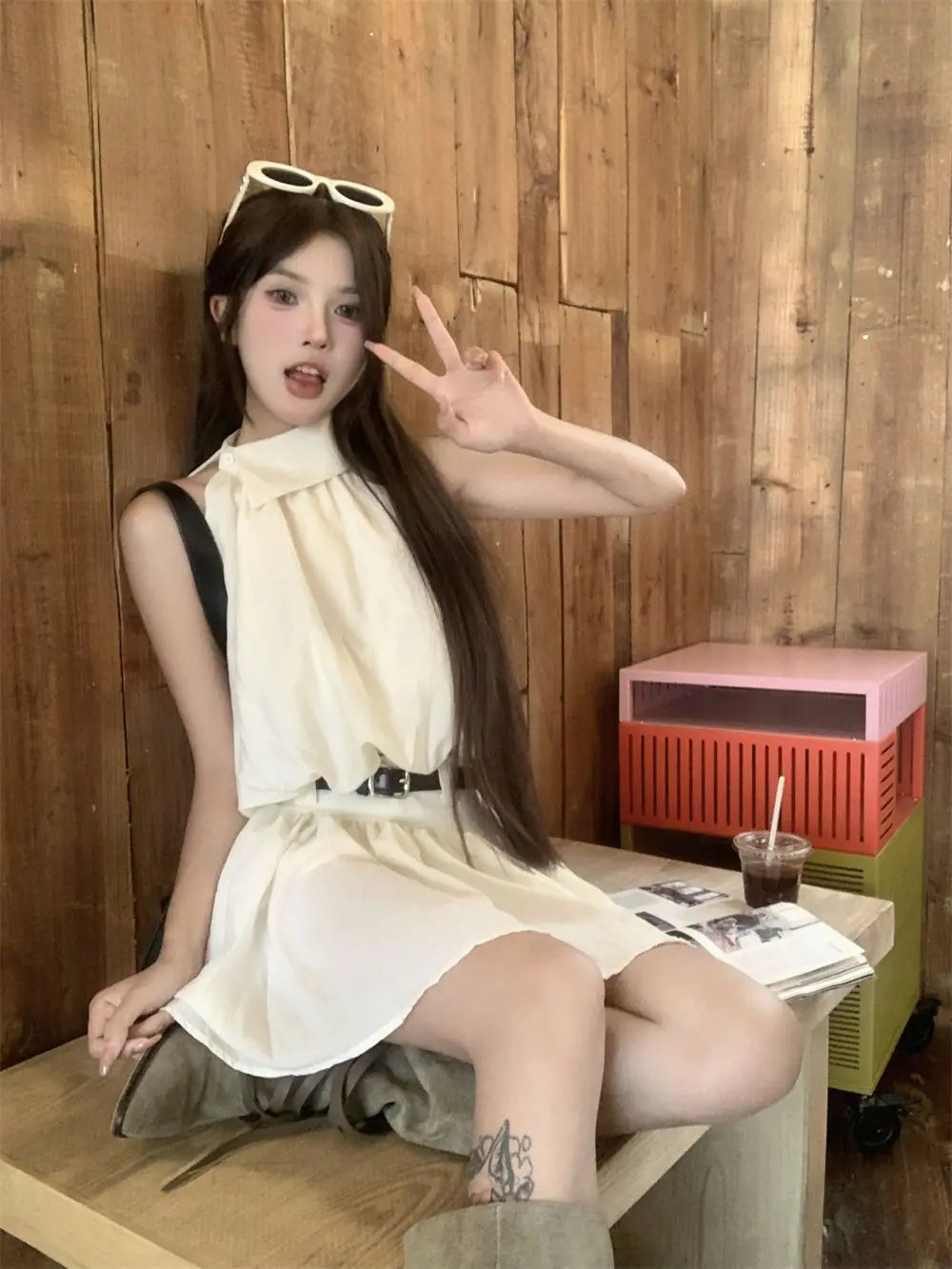 Suit Vest Top High Waist Elastic Skirt Pleated Tea Style Loose Temperament Women'S Summer New Two-Piece Set