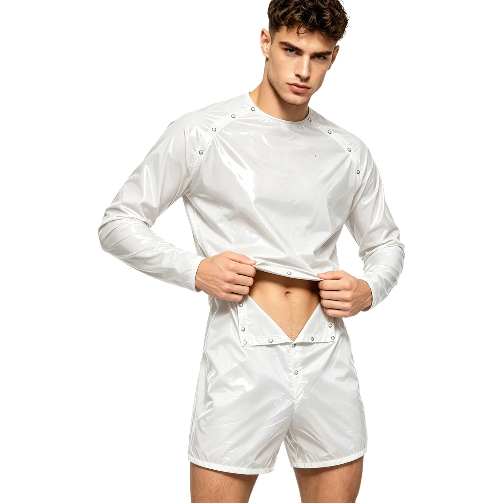 Mens Waterproof Bodysuit Sauna Sweat Suit Long Sleeve Buttons Detachable Jumpsuit Gym Fitness Workout Swimwear Adaptive Rompers