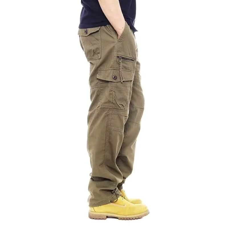 Pantalones Cargo de elasticidad más alta para hombre, ropa de trabajo holgada y recta, pantalones deportivos informales con muchos bolsillos