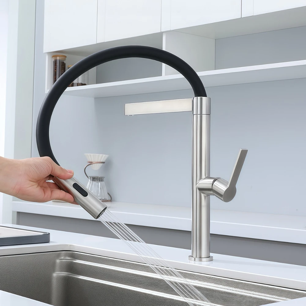 304 Stainless Steel Kitchen Sink Faucet Two Mode Water Out , Hose Pull Down 360 Rotation , Mixer Cold & Hot Water ,Ceremic Core