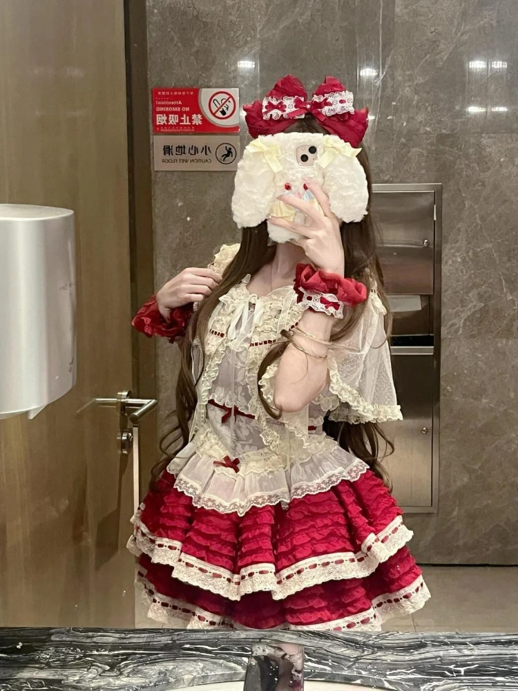 

Japanese Lolita Kawaii Sweet Women 2 Piece Set Y2k Design Shawl + Lace Patchwork Mini Dress Harajuku Cute New Chic Outfits 2025