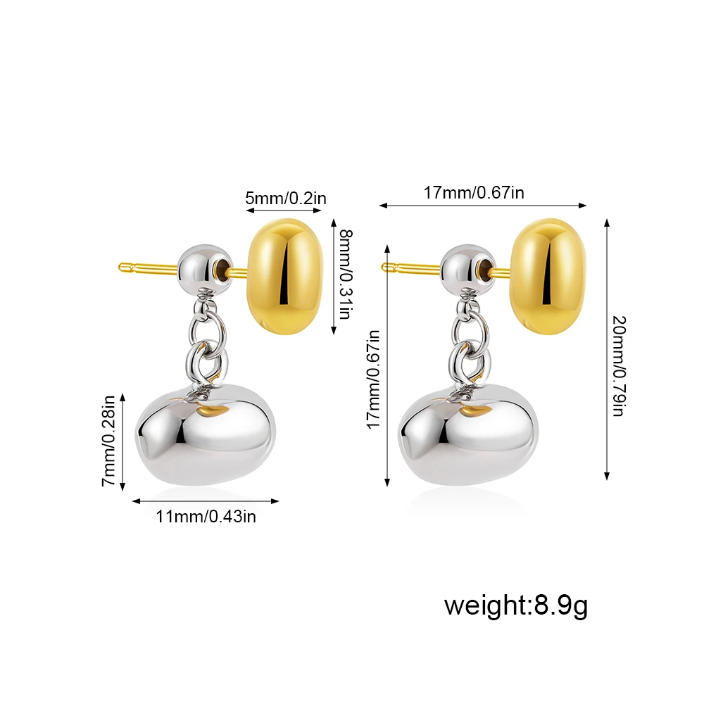 Removable Metal Round Bean Ball Pendant Earrings for Women Gold Silver Bicolor Drop Piercing Stud Earring Minimalist Jewelry