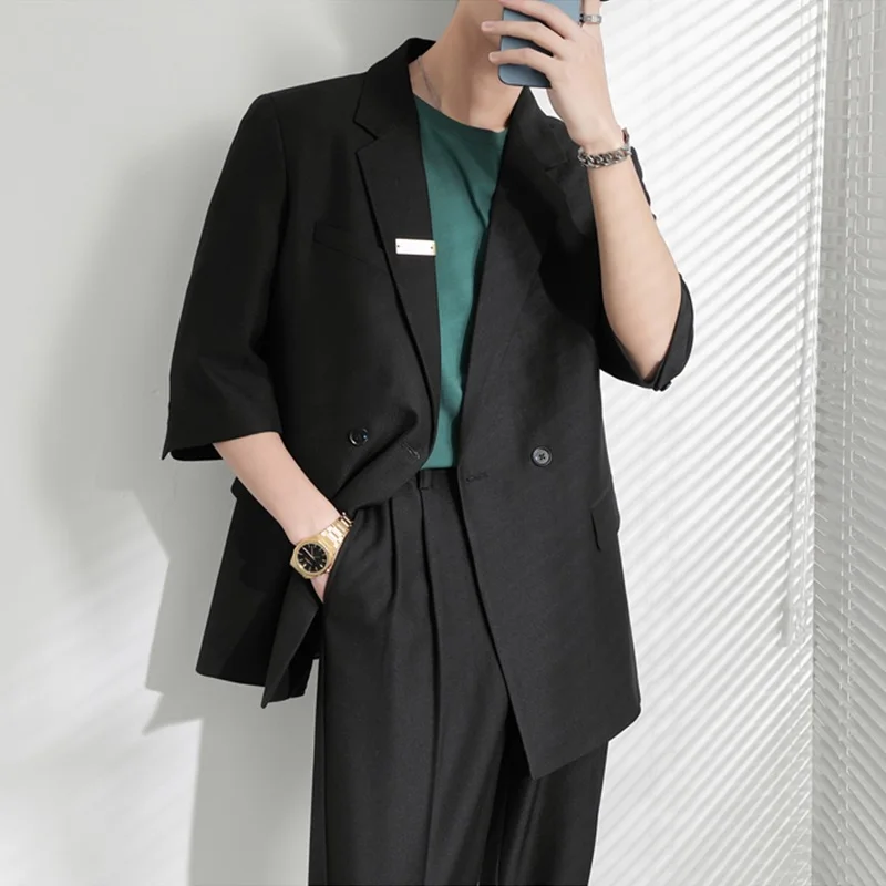 

Casual Lightweight Men's Summer ort Sve Suit Jaet Draped Loose Fit Seven Quarter Length Casual Wear Stand Size